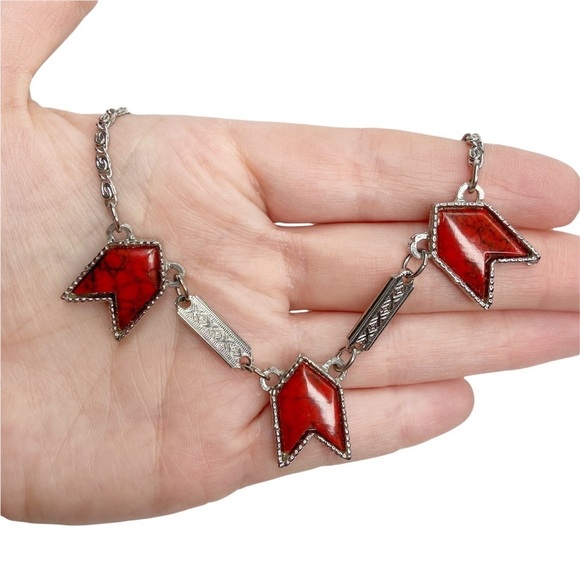 Red Faux Turquoise Triple Arrow Snail Chain Boho Tribal Necklace - Picture 2 of 7